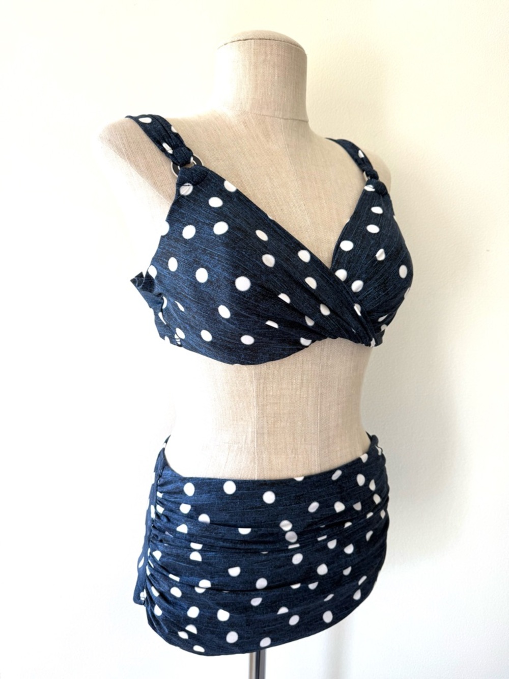 Miraclesuit Equinox Norma Jean Pinup Navy Polka Dot Retro High Waist Bikini Set - Picture 3 of 16